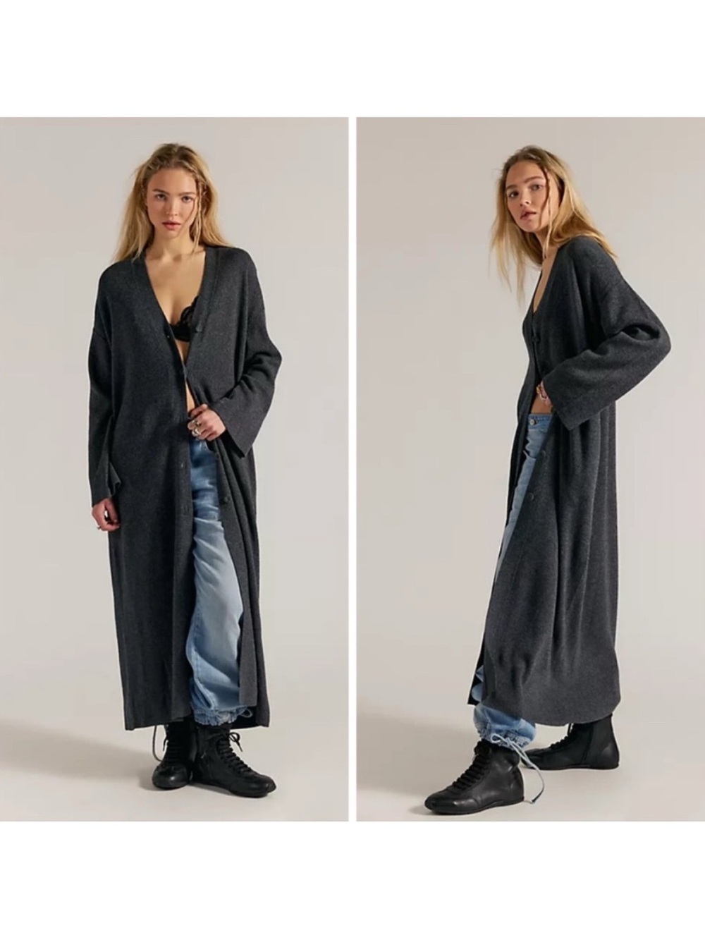 Free People Charcoal Longline Women's Duster Sweater
